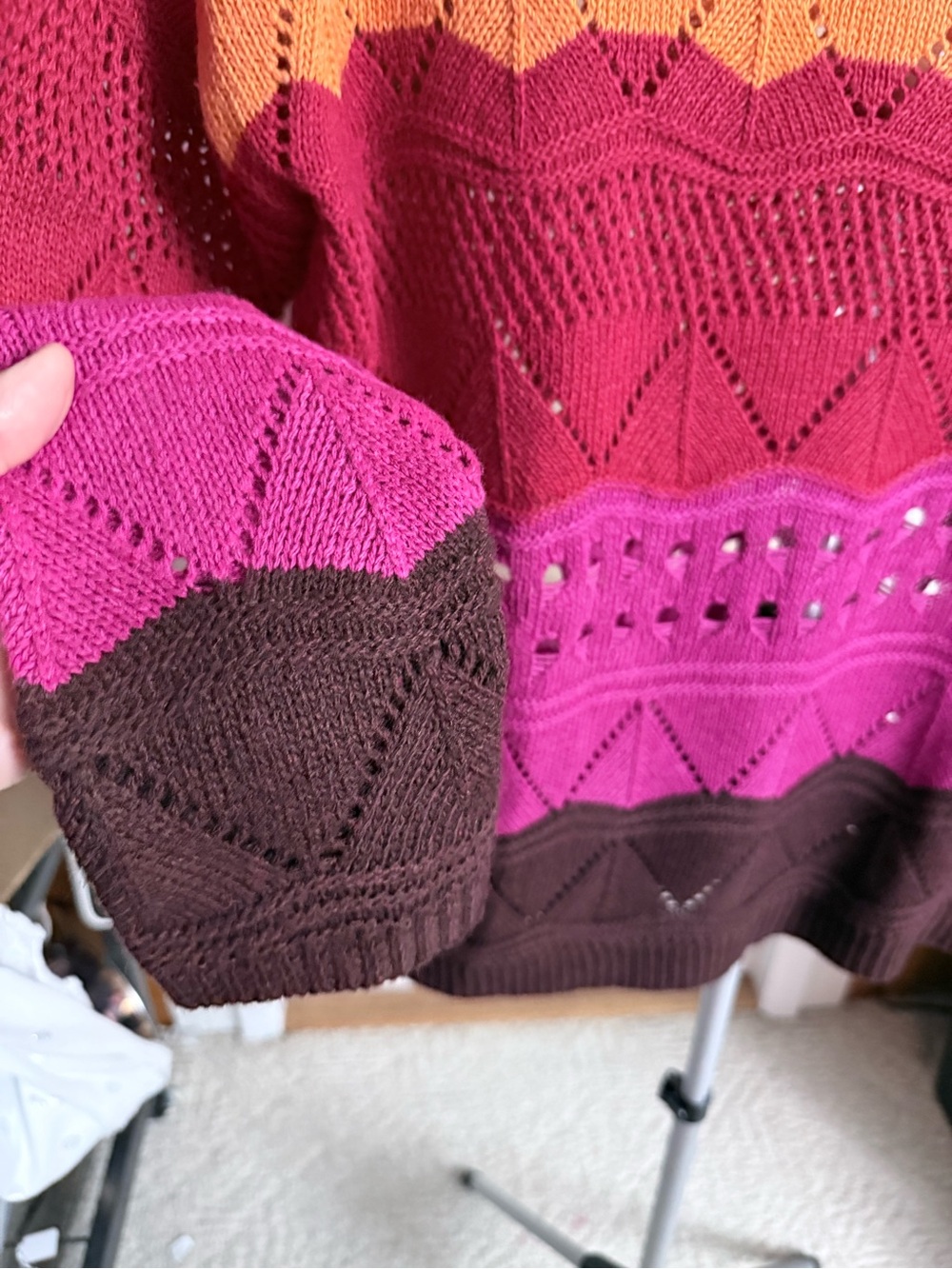 Open-Knit Colorblock Crewneck Sweater in Orange, Pink, Red & Brown Cottagecore - Picture 5 of 10